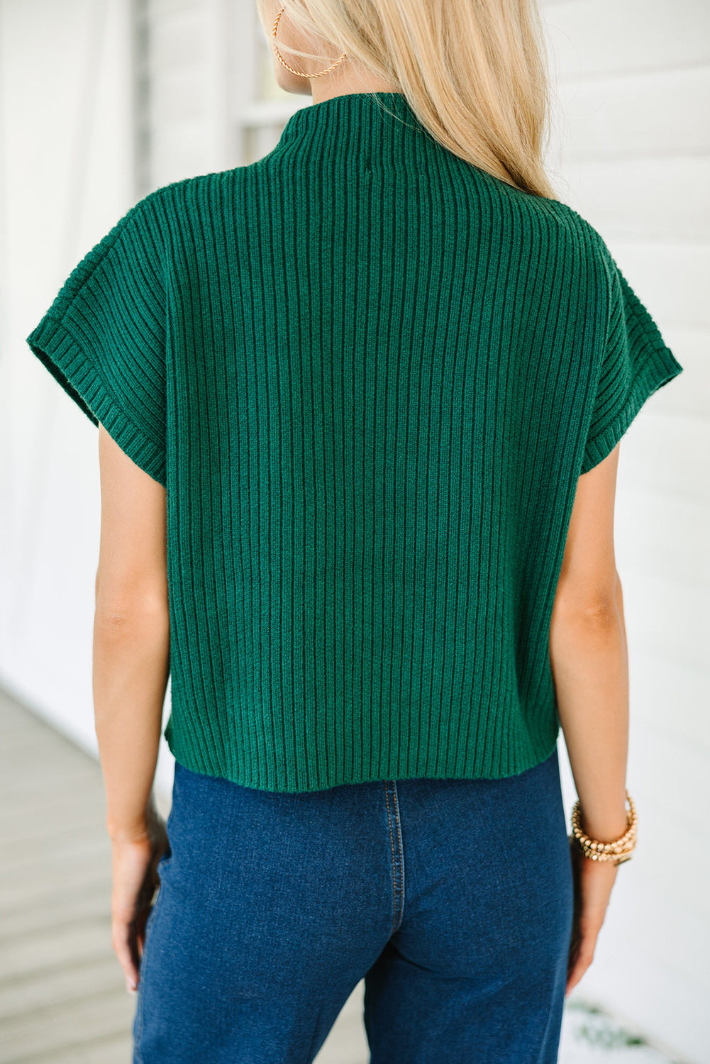 Blackish Green Patch Pocket Ribbed Knit Short Sleeve Sweater - SELFTRITSS   