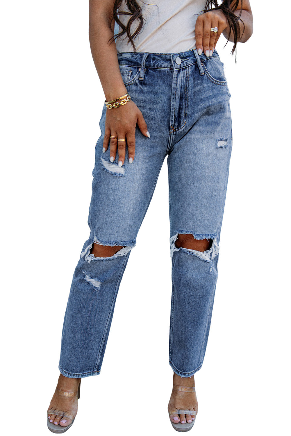 Sky Blue Open Knee Cutout Straight Leg Jeans - SELFTRITSS