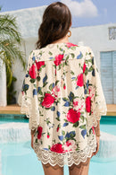 Beige Floral Print Scalloped Lace Splicing Kimono - SELFTRITSS