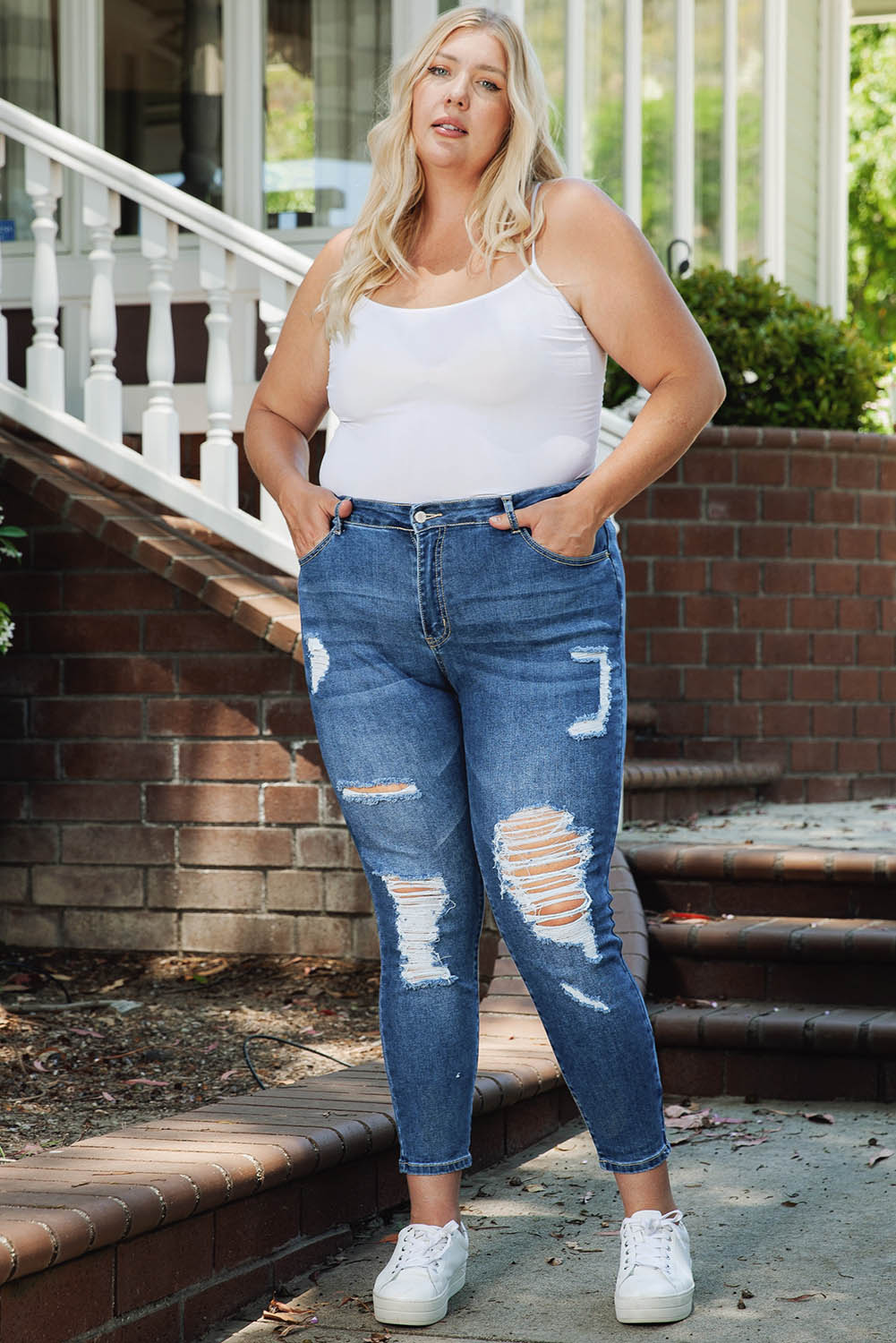Blue Plus Size Distressed Ripped Skinny Jeans - SELFTRITSS