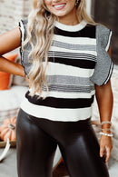 Black Plus Size Mixed Striped Print Ruffled Sweater Vest - SELFTRITSS