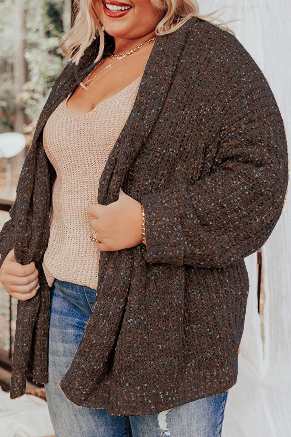 Chicory Coffee Open Front Knit Plus Size Cozy Cardigan - SELFTRITSS