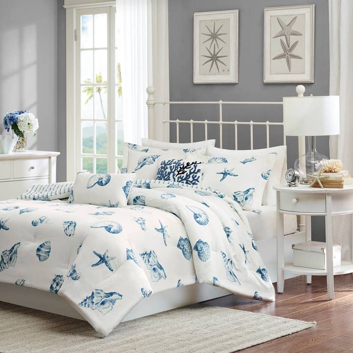 Coastal Beach House Blue Seashells Comforter Set - SELFTRITSS