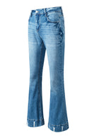 Sky Blue Slight Distressed Medium Wash Flare Jeans - SELFTRITSS