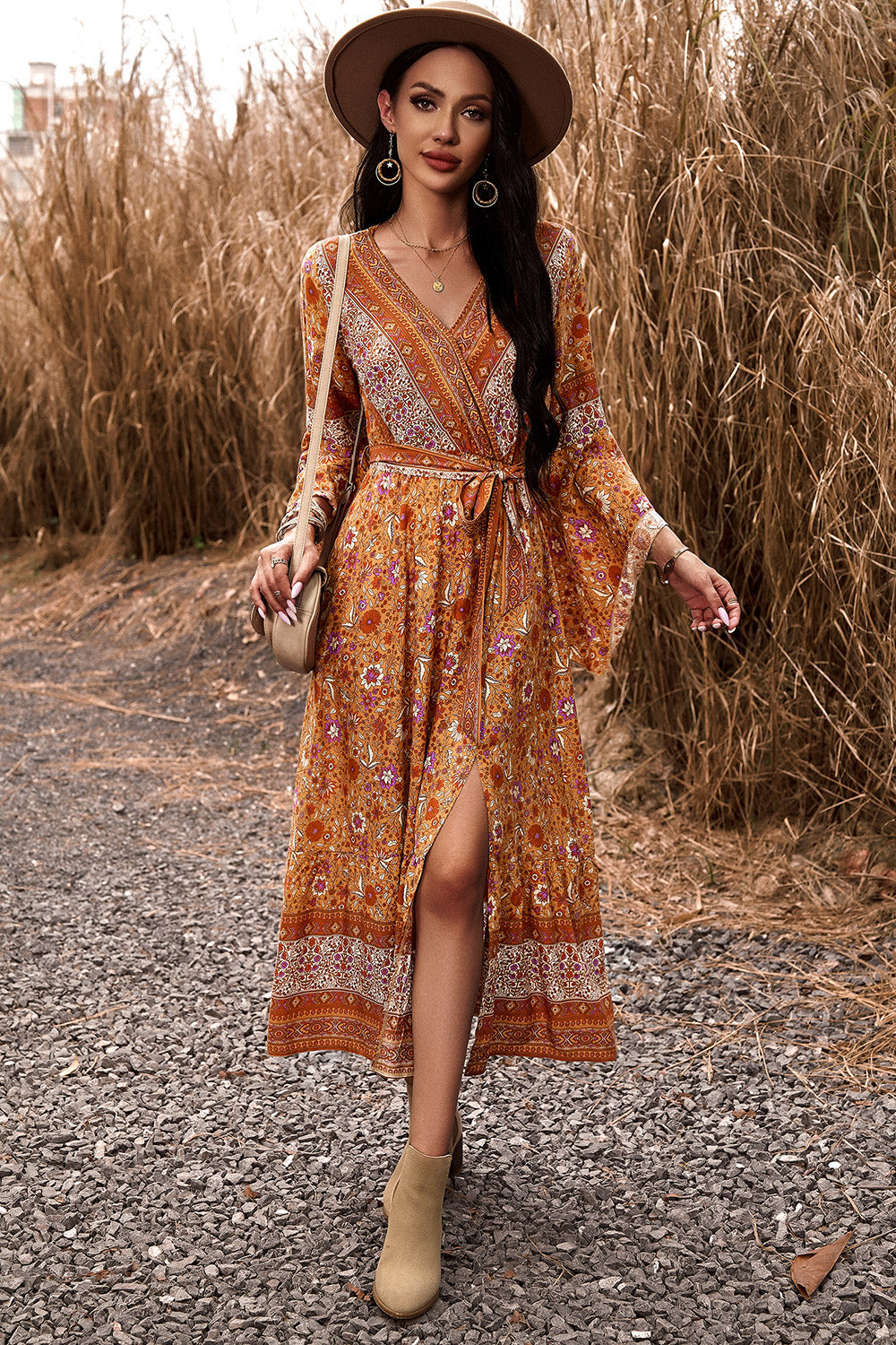 Bohemian Surplice Neck Slit Dress - SELFTRITSS   