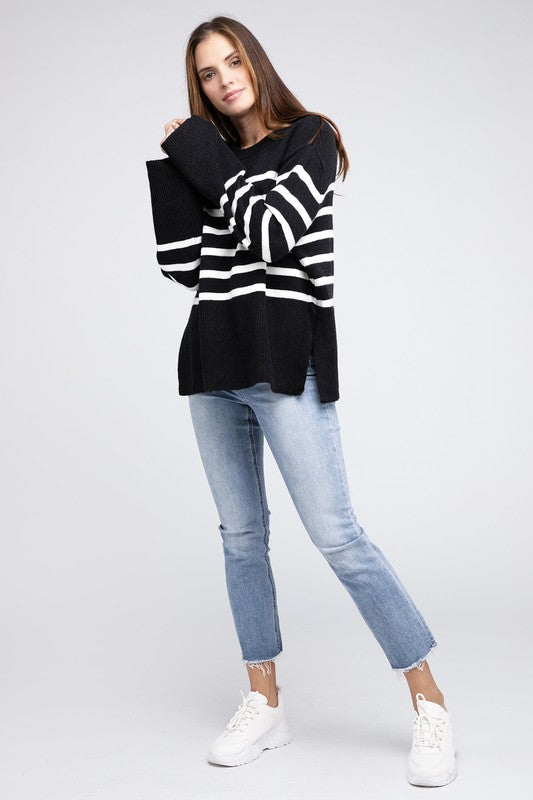 Tangarine Ribbed Hem Stripe Sweater