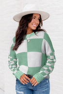 Mint Green Checkered Print Drop Shoulder Sweater - SELFTRITSS   