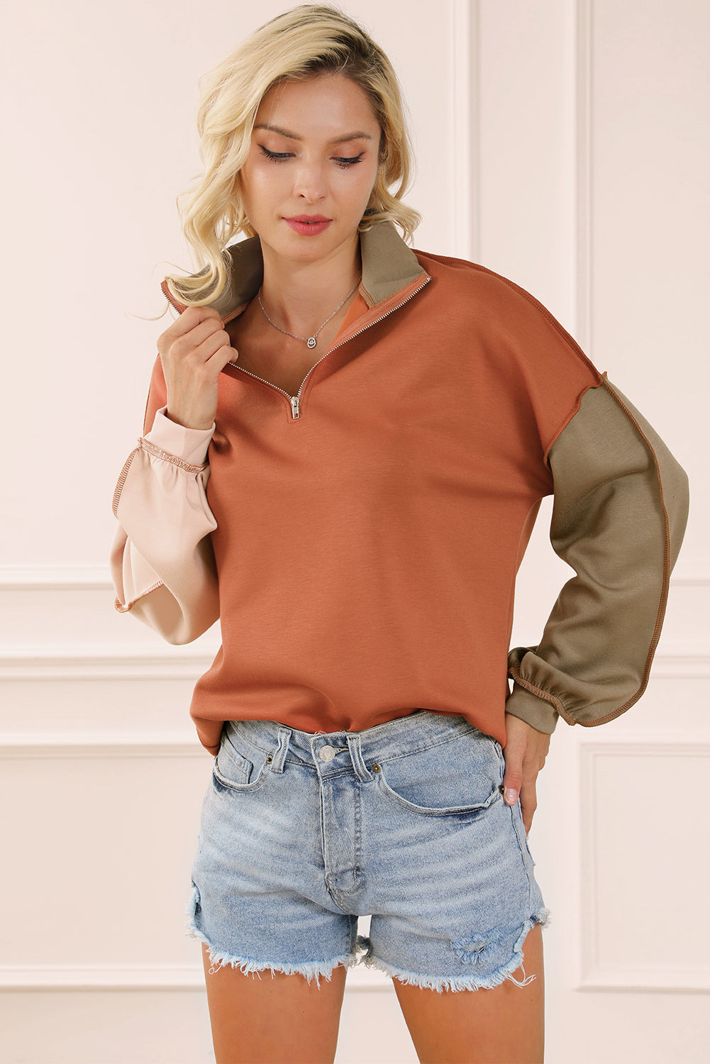 Khaki Exposed Seam Color Block Zipped Sweatshirt - SELFTRITSS