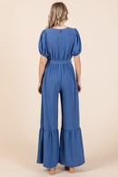 GeeGee Full Size V-Neck Belted Wide Leg Jumpsuit - SELFTRITSS