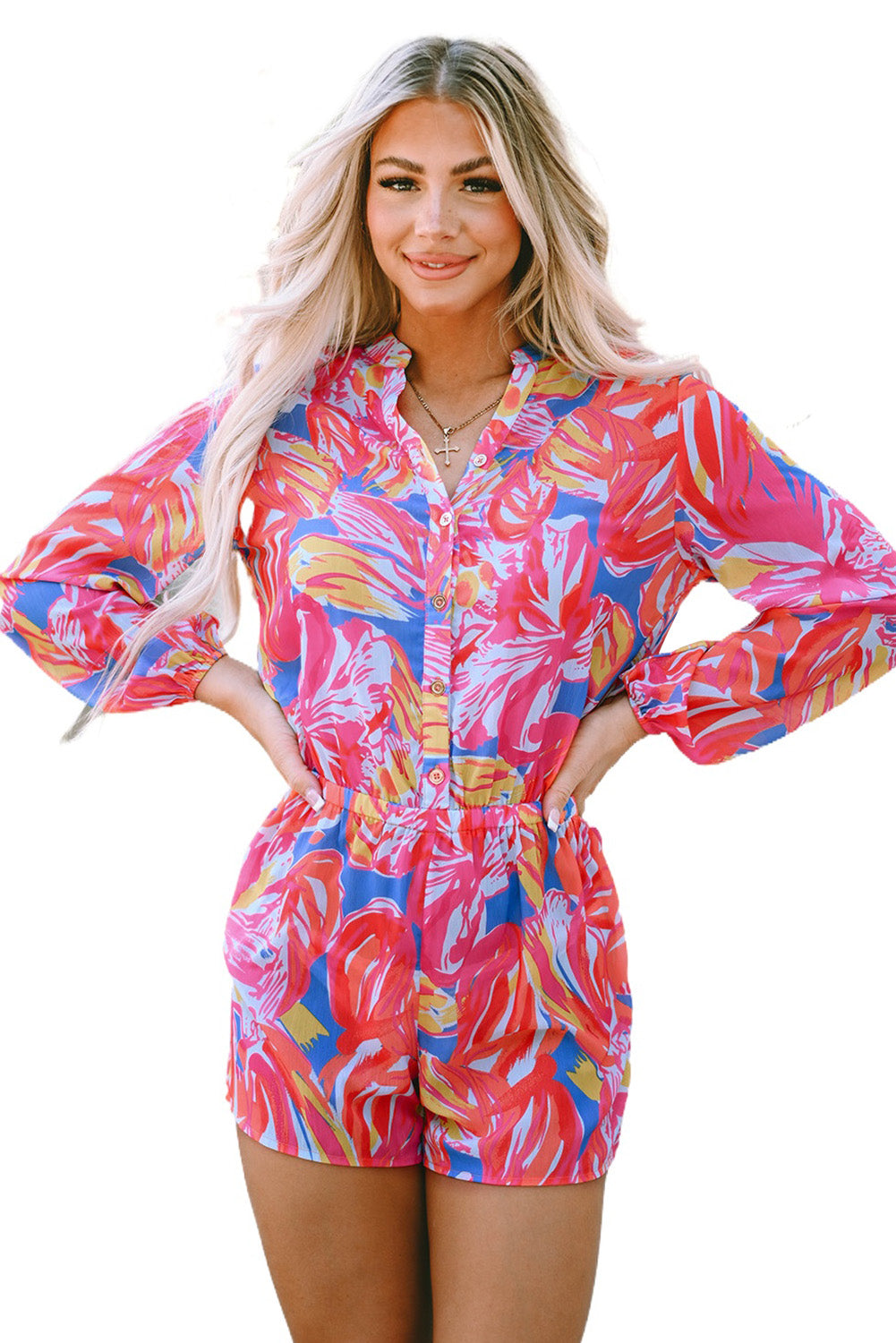 Multicolor Bold Graffiti Print Shirt Button Romper - SELFTRITSS