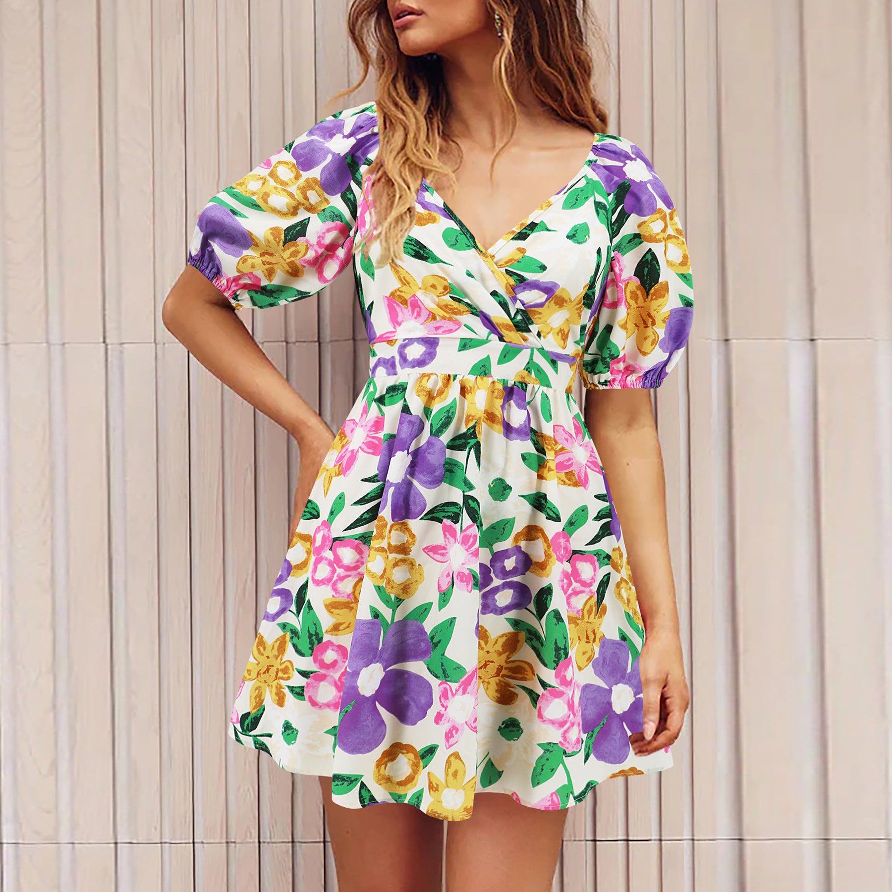 Summer Floral Print V-Neck Lantern-sleeve Dress - SELFTRITSS   