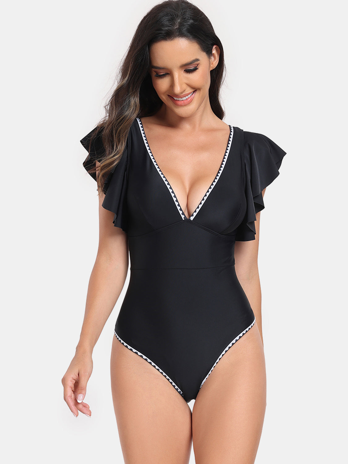 Plunge Cap Sleeve One-Piece Swimwear - SELFTRITSS