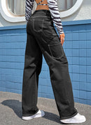 Black High Waist Straight Leg Cargo Pants with Pockets - SELFTRITSS