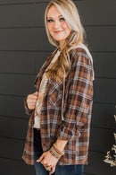 Brown Plus Size Plaid Contrast Button up Hooded Jacket - SELFTRITSS
