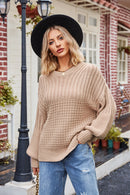 Camel Ribbed Drop Shoulder Lantern Sleeve Sweater