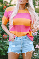 Orange Stripe Color Block Knitted T-shirt Sweater - SELFTRITSS   