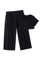 Black Plus Size Crop T-Shirt and Pleated Wide Leg Pants Set - SELFTRITSS