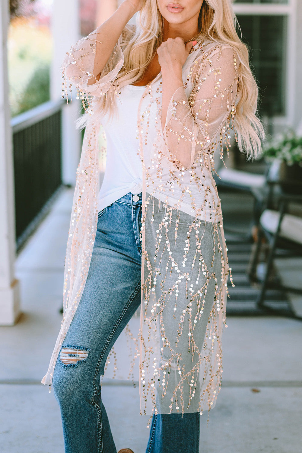 White Sequin Sheer Long Sleeve Open Front Kimono - SELFTRITSS   