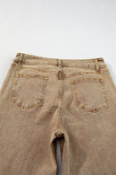 Light French Beige Acid Washed High Rise Cropped Wide Leg Jeans - SELFTRITSS
