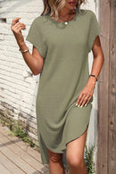 Jungle Green Waffle Texture Curved Hem Side Slit T-shirt Dress - SELFTRITSS
