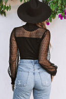 Black Sheer Dotty Long Sleeve Ribbed Velvet Bodysuit - SELFTRITSS