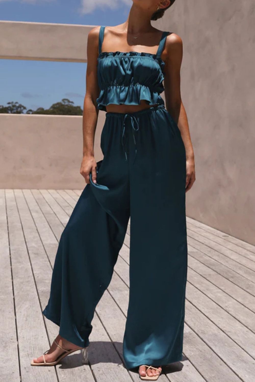 Ruffled Sleeveless Top and Wide Leg Pants Set - SELFTRITSS   