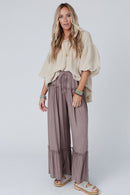 Khaki Frilled Drawstring High Waist Wide Leg Pants - SELFTRITSS   