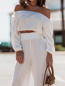 Off Shoulder Long Sleeve Top and Pants Set - SELFTRITSS   