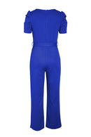 Belted Puff Sleeve V-Neck Jumpsuit - SELFTRITSS