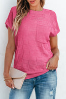 Bright Pink Lattice Textured Knit Short Sleeve Sweater - SELFTRITSS   