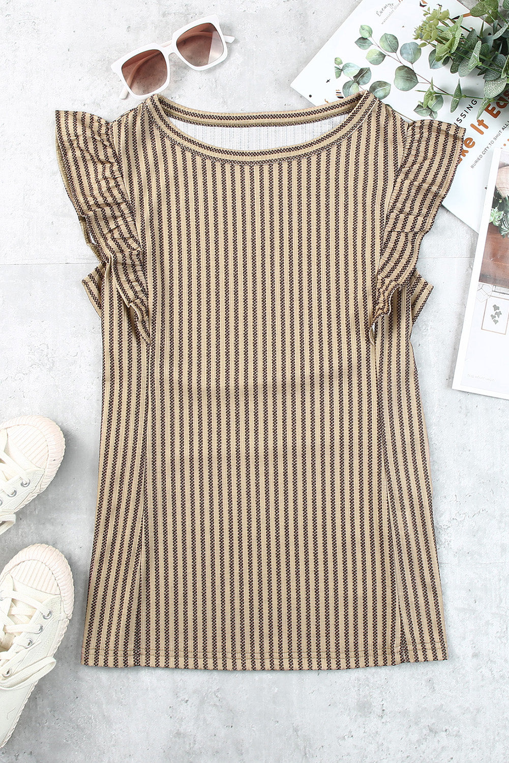 Khaki Striped Crew Neck Ruffled Tank Top - SELFTRITSS   