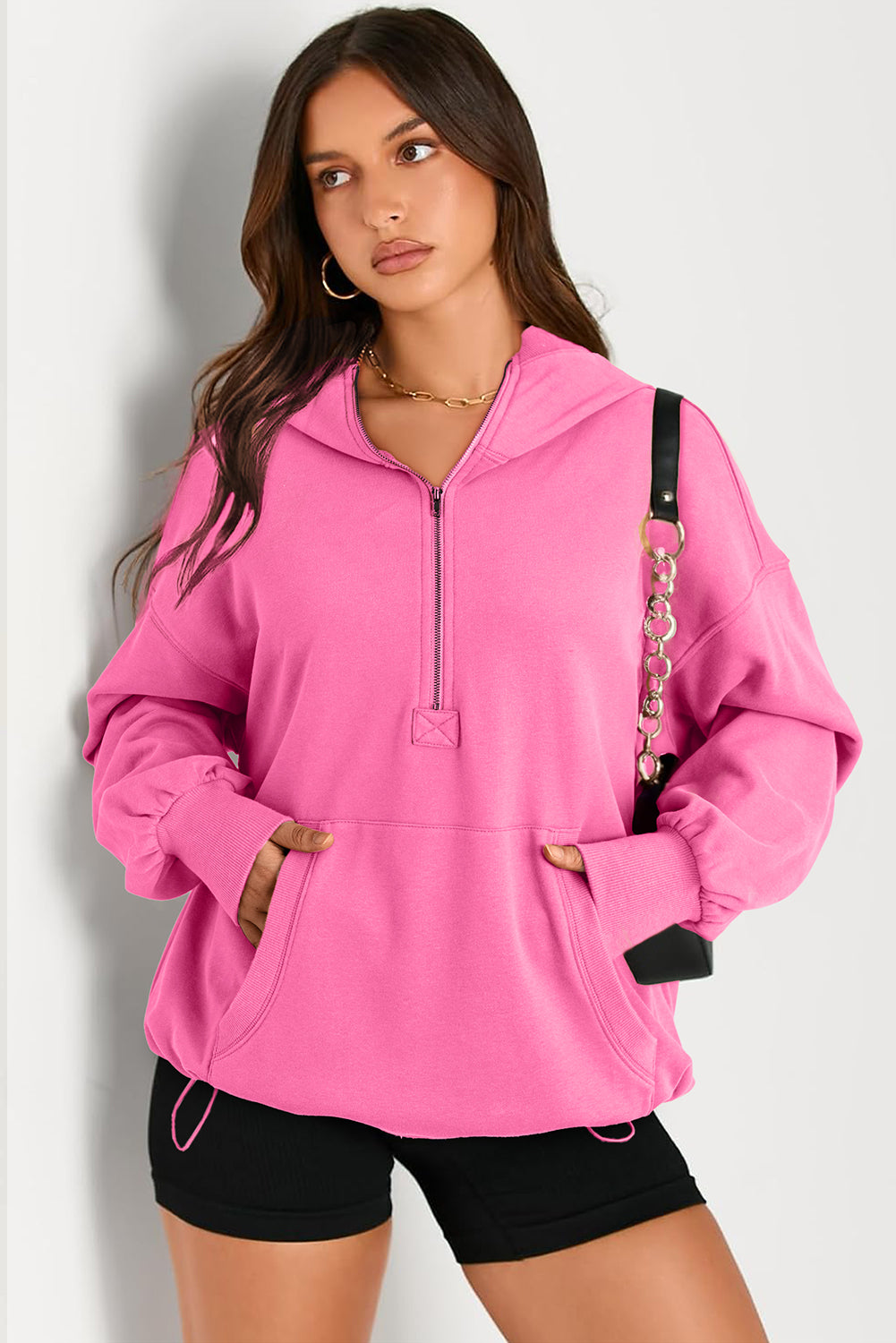 Pocketed Half Zip Long Sleeve Hoodie - SELFTRITSS   