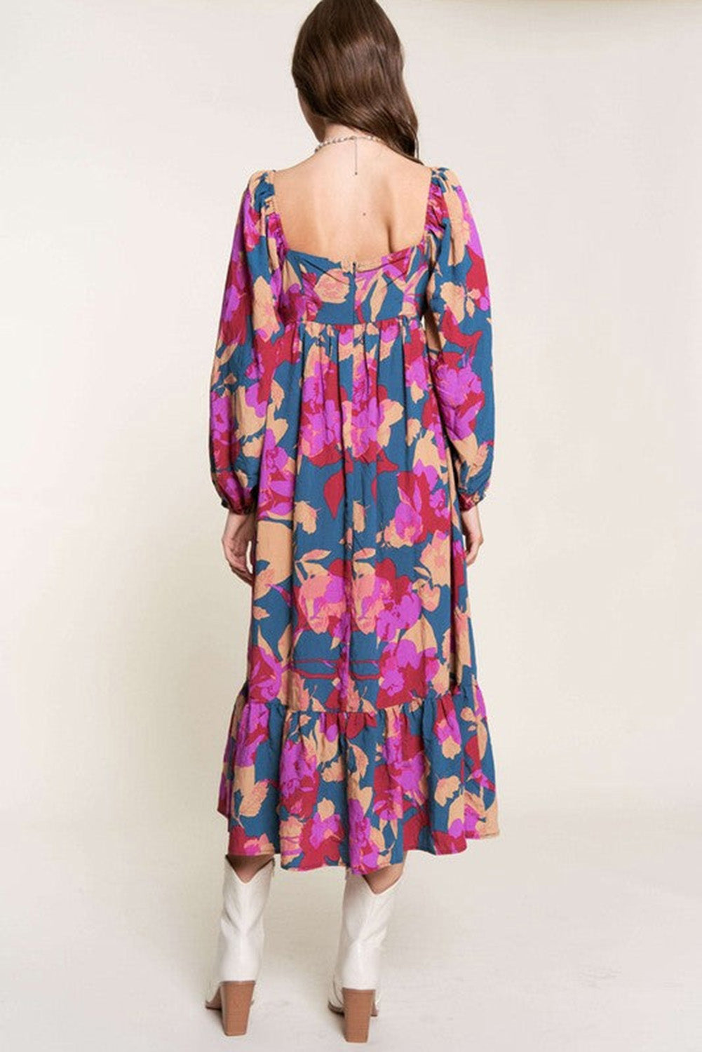 Multicolour Floral Print Square Neck Ruffled High Waist Dress - SELFTRITSS
