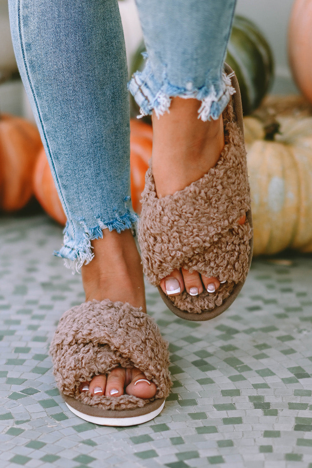 Brown Teddy Fur Cross Straps Home Slippers - SELFTRITSS