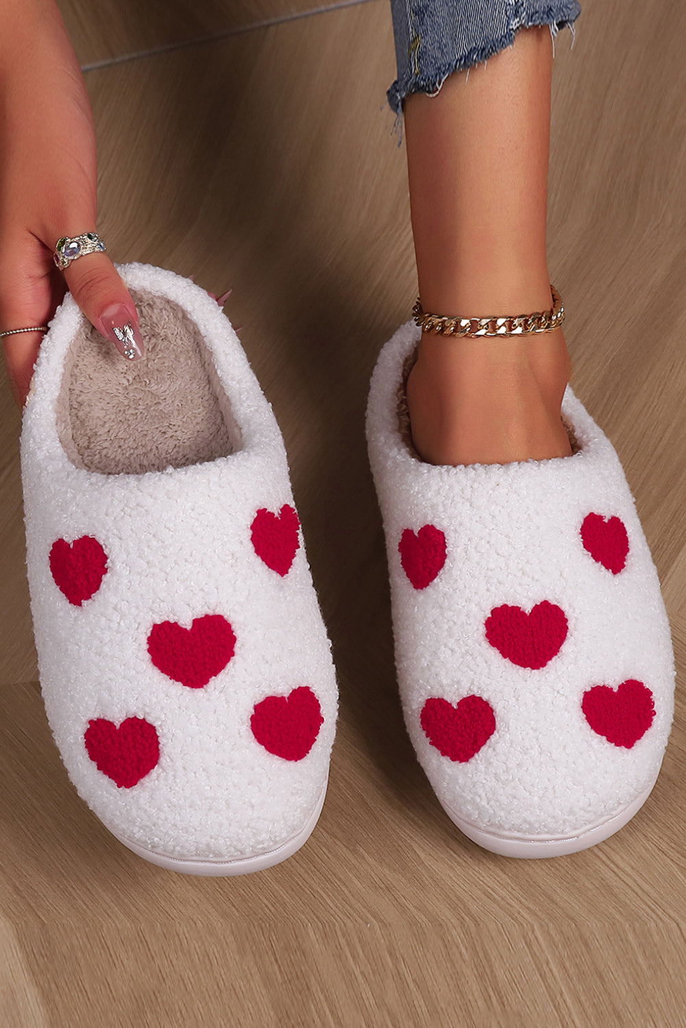 White Valentines Day Hearts Print Plush House Slippers - SELFTRITSS