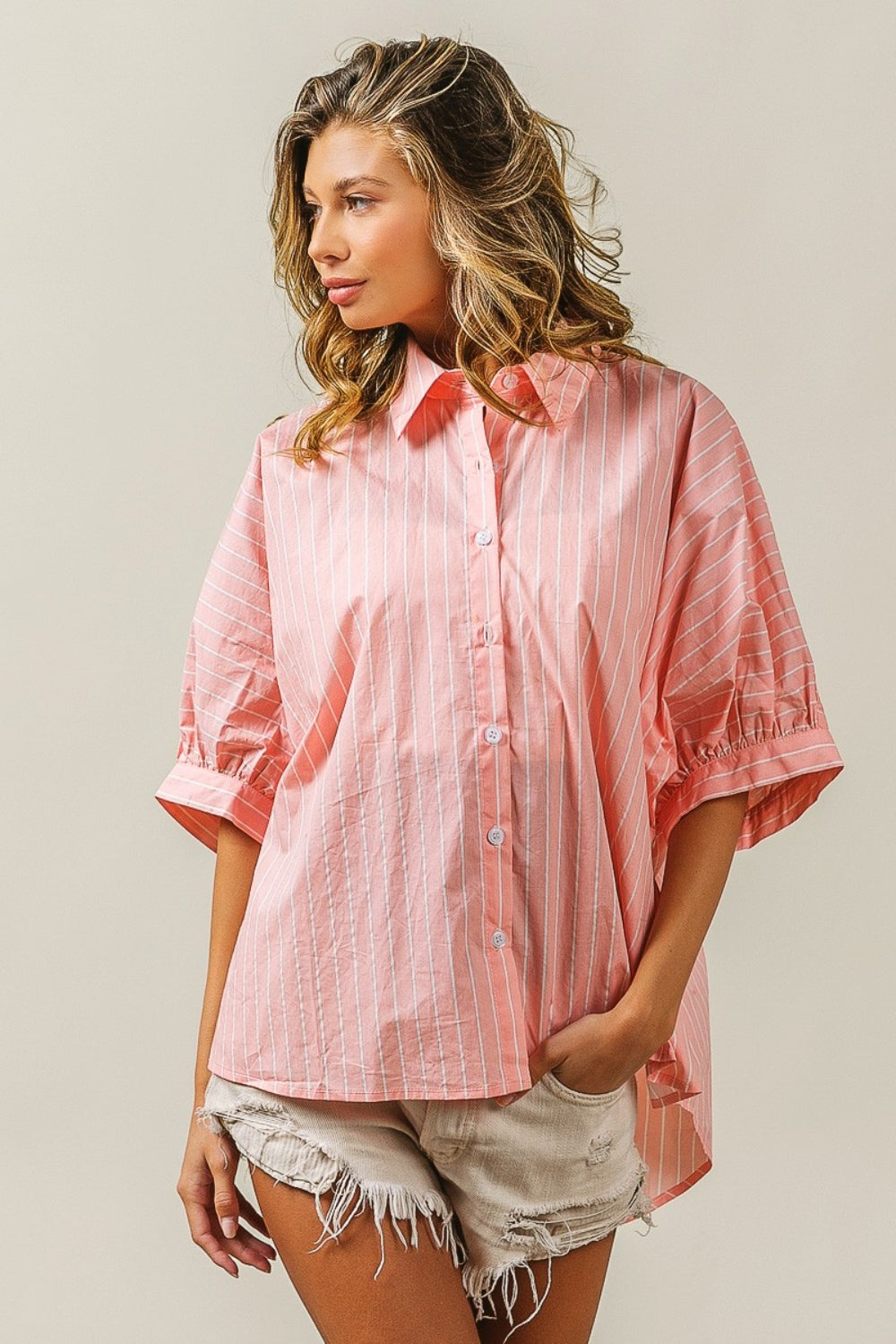 Button Up Striped Dolman Sleeve Shirt - SELFTRITSS   