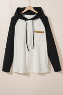 Black Striped Raglan Sleeve Buttoned Pocket Plus Size Hoodie