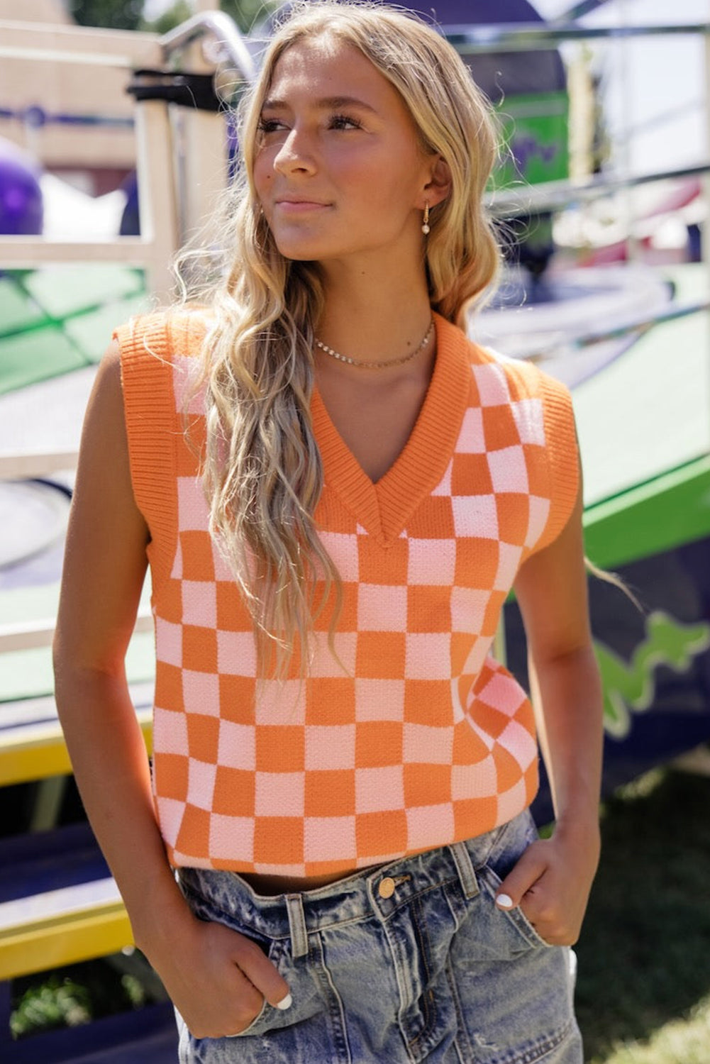 Russet Orange Checkered V Neck Knitted Sweater Vest - SELFTRITSS   