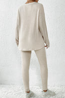 Apricot Ribbed Knit Loose Long Sleeve Top Skinny Pants Set - SELFTRITSS