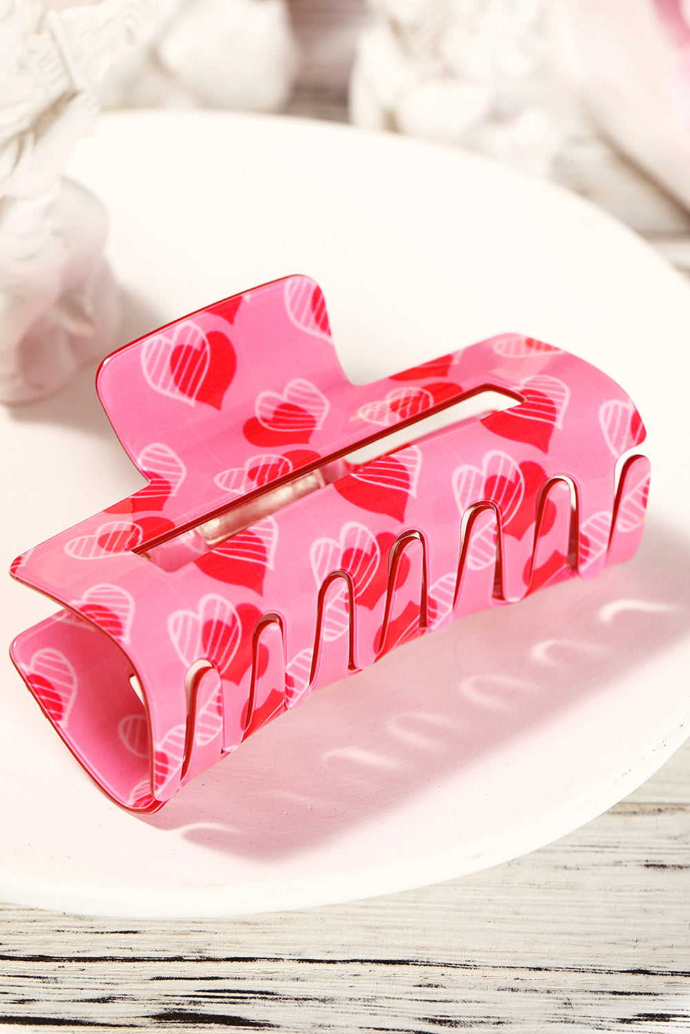 Pink Double Heart Printed Valentines Fashion Hair Claw - SELFTRITSS