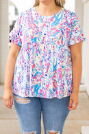 Purple Vibrant Botanical Print Frill Short Sleeve Plus Size Top - SELFTRITSS   