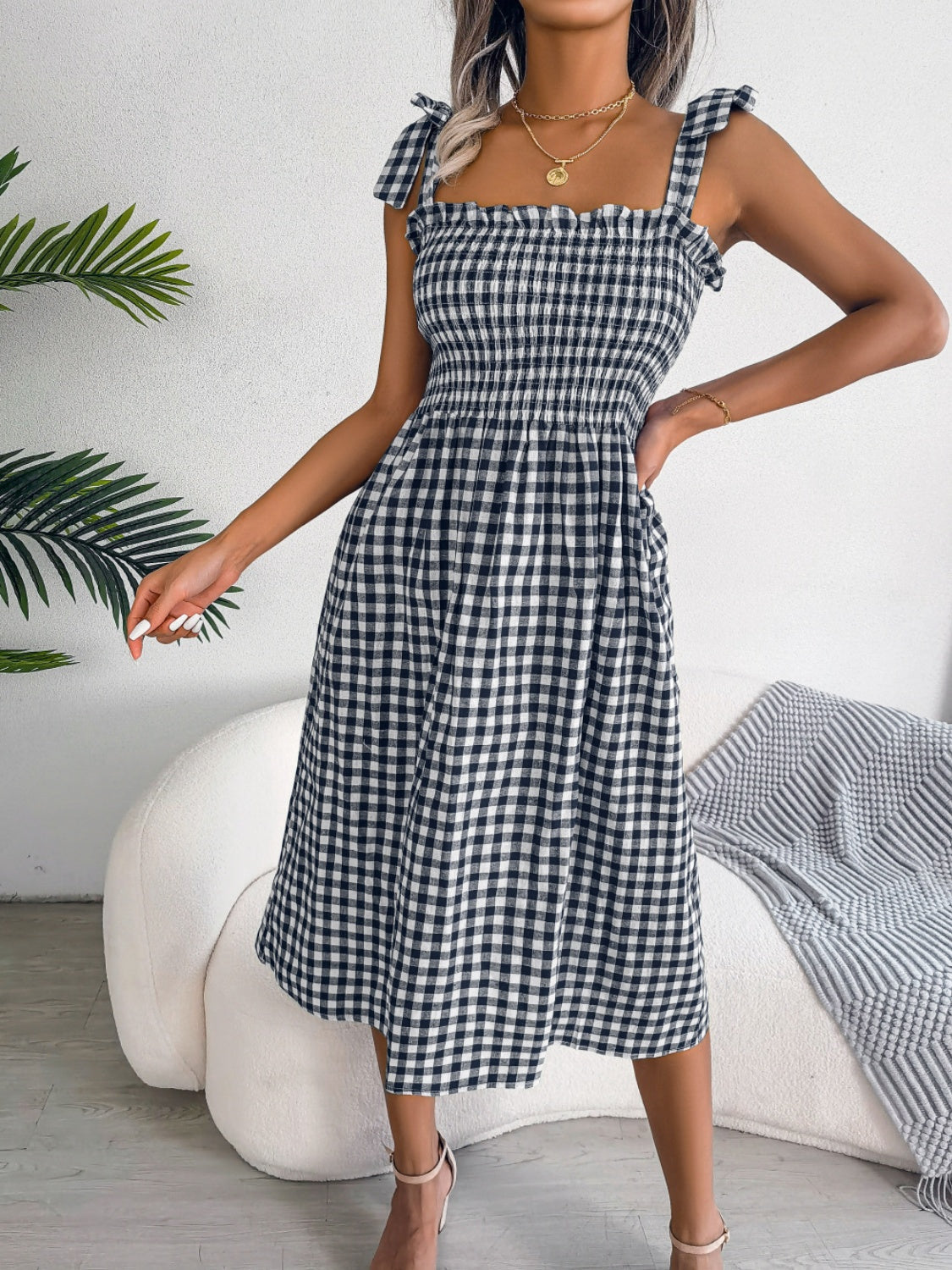 Frill Plaid Square Neck Midi Dress - SELFTRITSS   