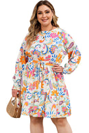 Orange Paisley Floral Print Belted Plus Size Dress - SELFTRITSS