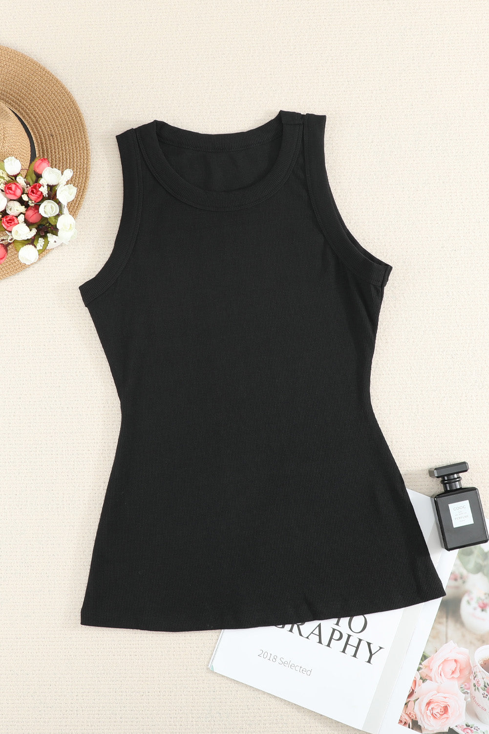 Solid Black Round Neck Ribbed Tank Top - SELFTRITSS