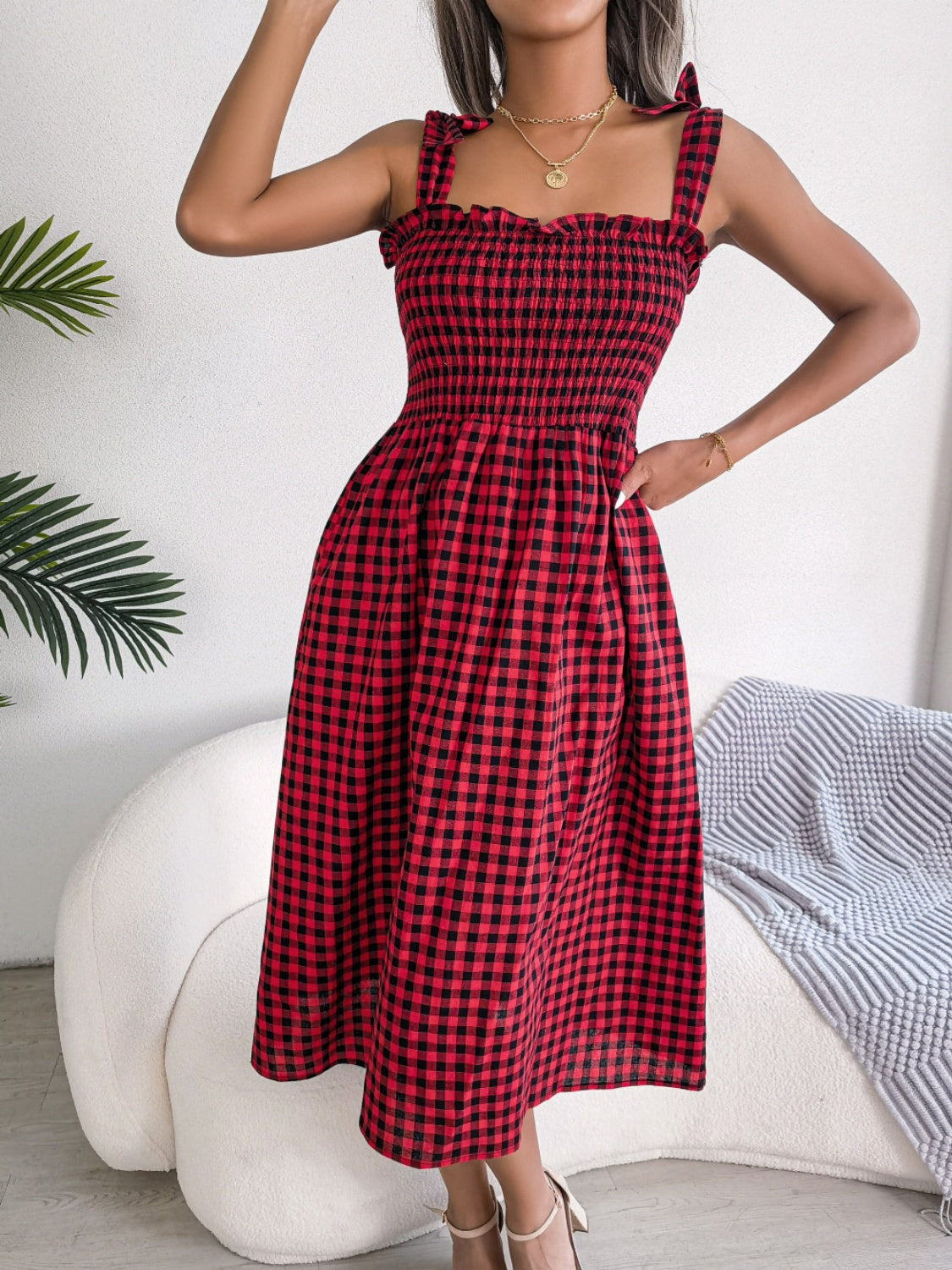 Frill Plaid Square Neck Midi Dress - SELFTRITSS   