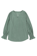 Green Eyelet Jacquard Split Neck Flounce Sleeve Plus Size Blouse - SELFTRITSS