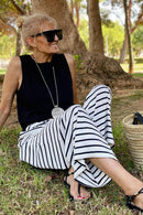 White Drawstring Striped Wide Leg Pants - SELFTRITSS   