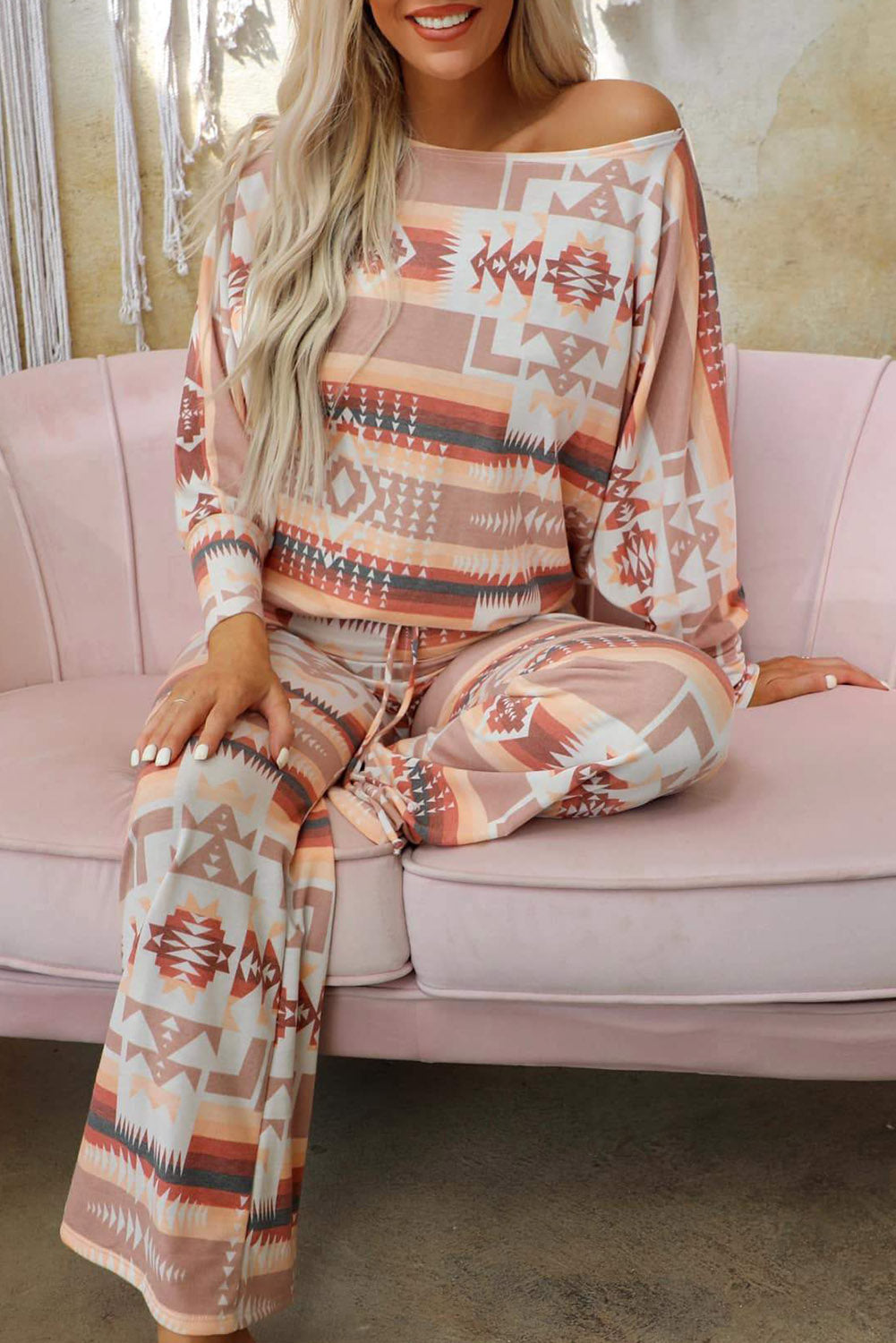 Multicolour Aztec Print Puff Sleeve Pullover and Pants Lounge Outfit - SELFTRITSS