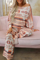 Multicolour Aztec Print Puff Sleeve Pullover and Pants Lounge Outfit - SELFTRITSS