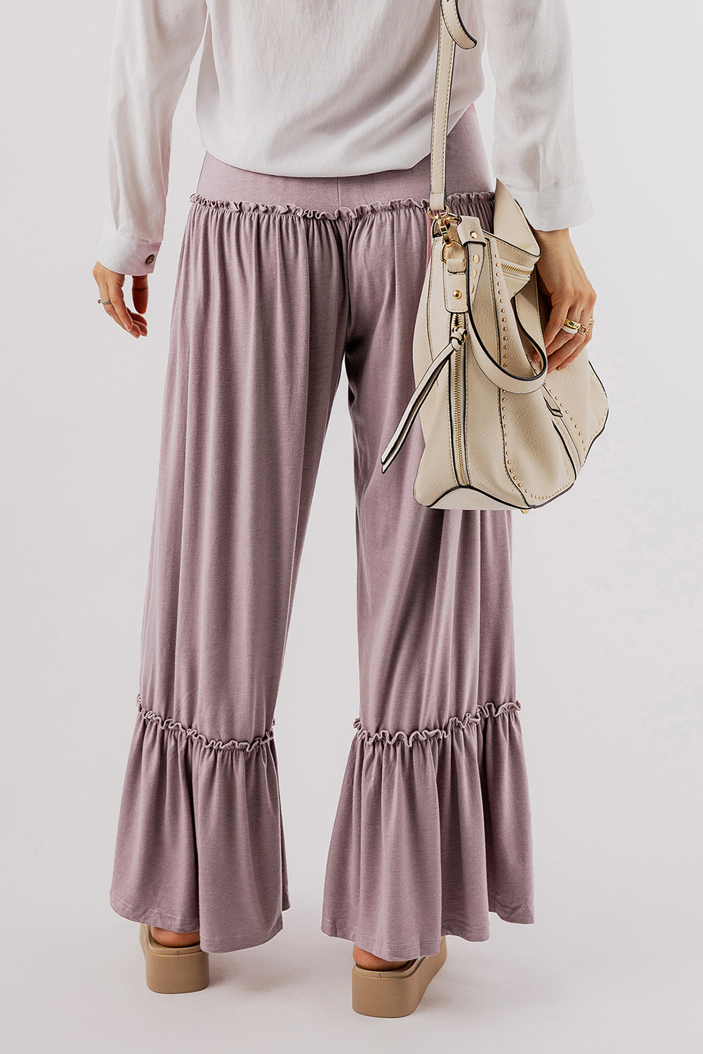 Khaki Frilled Drawstring High Waist Wide Leg Pants - SELFTRITSS   